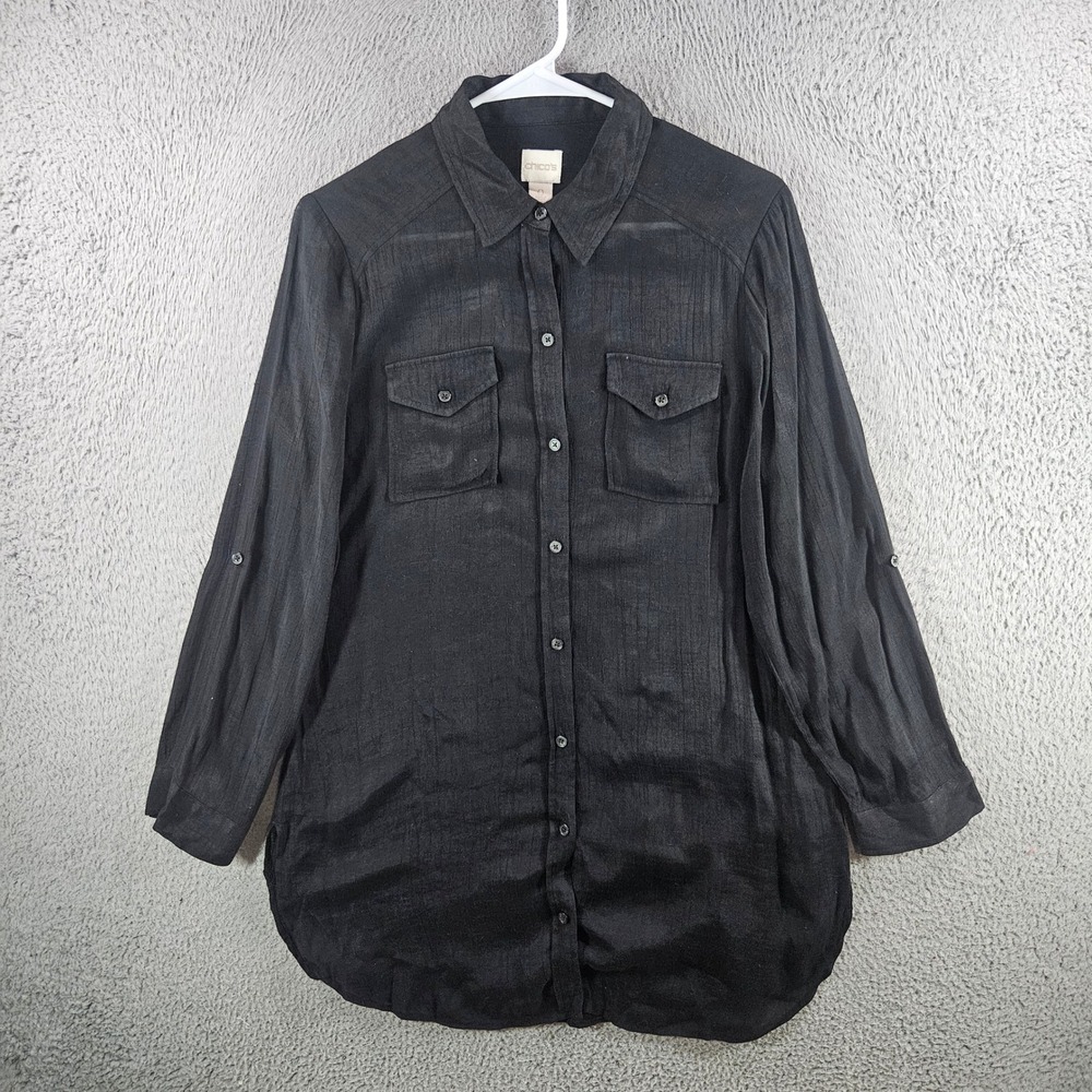 Chico's Black Button Down Tunic Shirt Roll Tab Sleeve Womens Size 0 XS